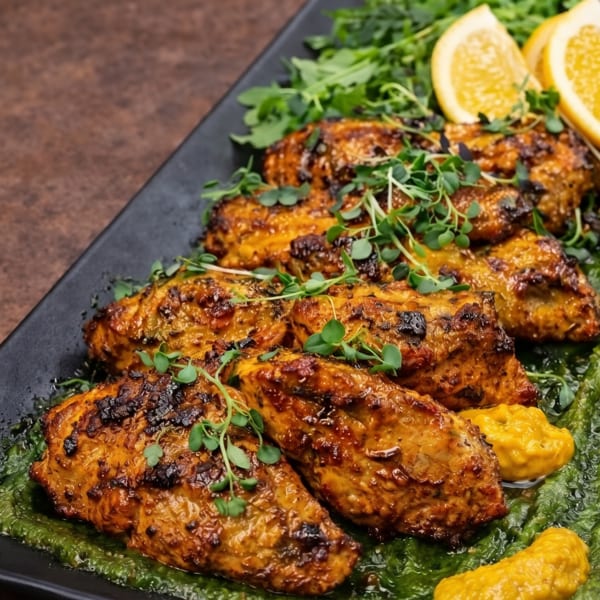 Grilled chicken pieces with green sauce, orange slices, and microgreens on a black plate.